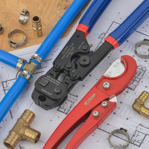 Ratchet Pex Cinch And Remove Tool For Three Eighths To One Inch Stainless Steel Clamps on plumbing setup with blue and red handles