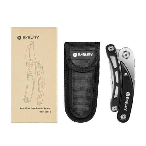 Five In One Garden Pruner Multitool With Folding Scissors And 420 Stainless Steel Blades in packaging with case, black color