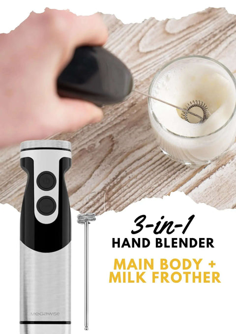Killer Performance 400W Hand Blender With Versatile 3-In-1 Set Featuring Blending Shaft Whisk And Chopper Ergonomic Handle in use.