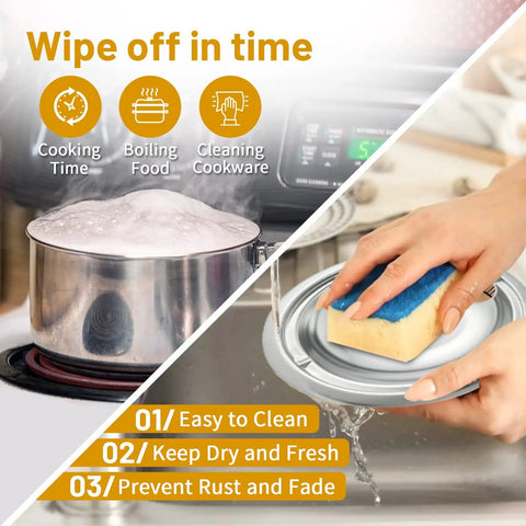 Image showing uses of the Four Piece Chrome Electric Stove Drip Pans Set for GE Stoves, highlighting easy clean and maintenance features.
