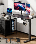 Electric Standing Desk With Drawers And Storage 47 By 24 Inch Sit Stand Desk Height Adjustable With 3 Memory Presets Printer Cabinet 2 Hooks Cable Management Black Boss Level Home Office Setup featuring dual monitors and peripherals