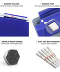 Accessories for Navy Blue Glass Desktop Whiteboard Mini 8x6 Inch With Pen Holder, includes markers, eraser, and rubber feet