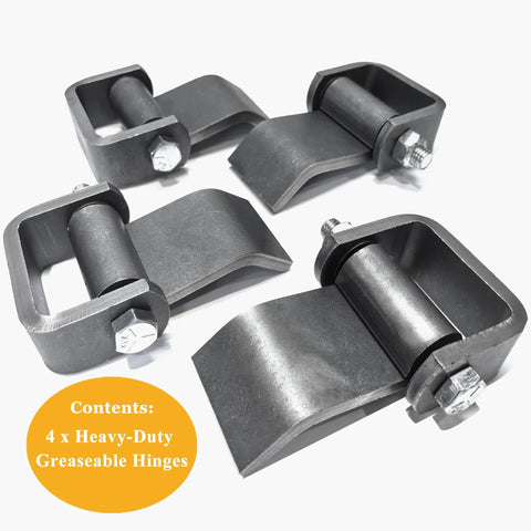Four weld-on heavy-duty greaseable strap hinges, gray steel, 5-3/8 x 4 in, four-pack, 2000 lb capacity