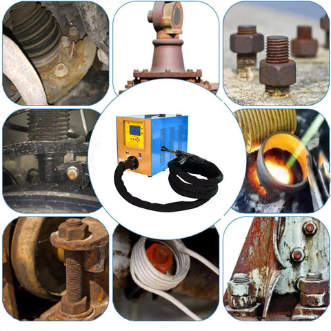 Handheld Magnetic Induction Heater For Bolts And Pipes 1500W Adjustable Flameless Copper Steel Heating Tool With Water Cooling, displayed with various rusted nuts.