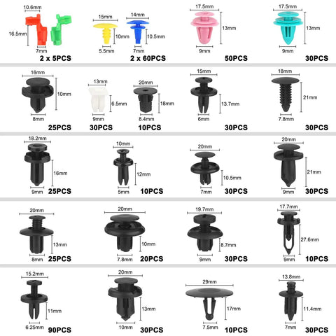 Massive 725 Piece Car Push Retainer Clips And Auto Fasteners Kit with 23 Sizes for bumpers, fenders, and more, various designs