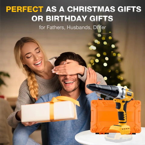 Cordless Pro Grade Rivet Gun for 20V Max Batteries as a holiday gift beside couple exchanging presents