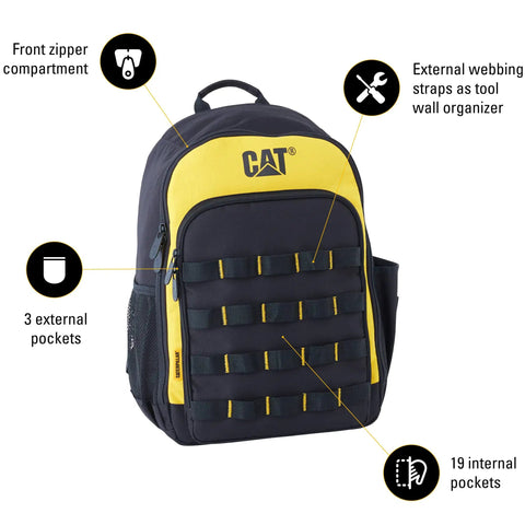 Heavy Duty Tool Backpack With 22 Pockets And Full Zip Closure, Durable Yellow And Black Design with front and side compartments