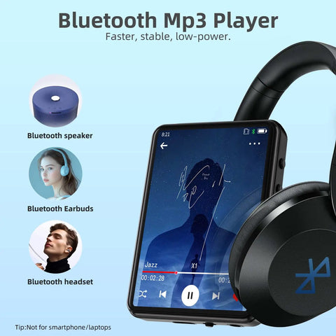 Bluetooth 5.3 MP3 Player With Built In Speaker, displaying music interface, with Bluetooth speaker, earbuds, and headset icons