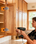 Person using Magnetic Hinge Jig With Precise Adjustable Clamps For Cabinet Doors Panels Drawers And Deck Installations No Drill Quick Mounting Tool for home installation.