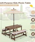 Outdoor Kids Picnic Table Set With Cushioned Benches And Umbrella, Wooden Table In Coffee Finish, Stripe Cushions