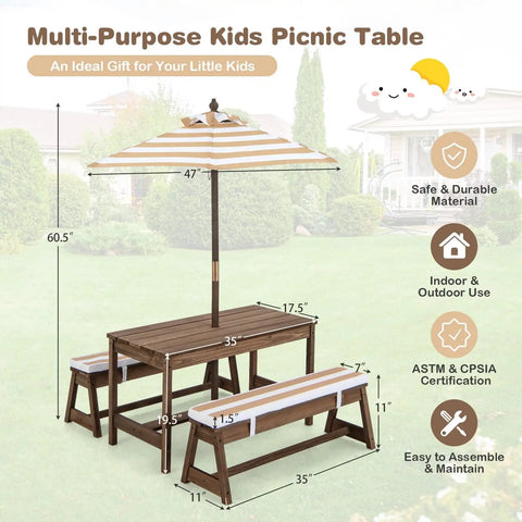 Outdoor Kids Picnic Table Set With Cushioned Benches And Umbrella, Wooden Table In Coffee Finish, Stripe Cushions