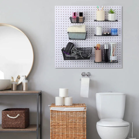 All In One Pegboard Organizer Kit With 3 Racks 3 Baskets 8 Bins 4 Cups 8 Hooks 4 Loops And Cup Holder for bathroom use