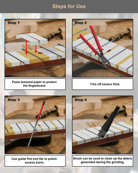 Amazon fret end file for guitar with step-by-step guide: protect fingerboard, trim frets, polish burrs, and brush debris.