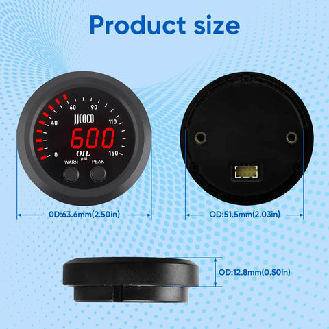 Front/back view of JJCOCO 52mm digital oil pressure gauge with red LED display, 0–150 psi, 1/8NPT sensor