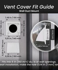 Vent cover fit guide for 6 Inch Anthracite Dryer Vent Hood Duct Cover For Walls Or Ceiling ABS Plastic Protection Hood With Rain Shield And Backdraft Damper Exhaust Vent Cover For Indoor Outdoor Use, showing measurements and installation instructions.