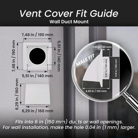 Vent cover fit guide for 6 Inch Anthracite Dryer Vent Hood Duct Cover For Walls Or Ceiling ABS Plastic Protection Hood With Rain Shield And Backdraft Damper Exhaust Vent Cover For Indoor Outdoor Use, showing measurements and installation instructions.