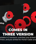 Top Shelf Phenolic Router Table Insert Plate Designed For Porter Cable And Bosch Routers With Precision Level Lock Rings, featuring multiple mounting options in red and black.