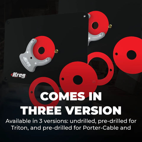 Top Shelf Phenolic Router Table Insert Plate Designed For Porter Cable And Bosch Routers With Precision Level Lock Rings, featuring multiple mounting options in red and black.