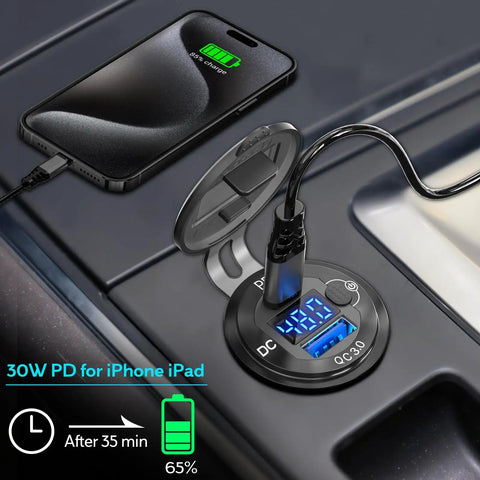 Badass Heavy Duty High Voltage USB Power Adapter 12V To 60V Aluminum Cigarette Lighter Socket showing charging phone and digital display.