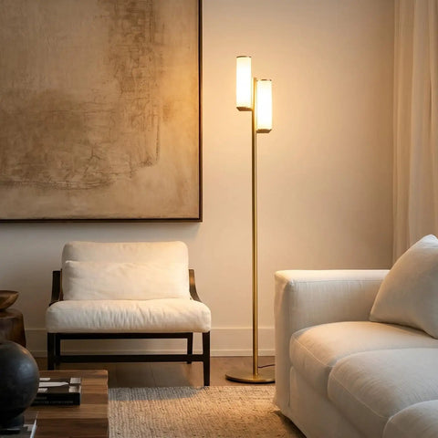 Gemini Dimmable Floor Lamp With Two Lights In Gold Brass Finish, Modern Tall Tree Style For Bedroom, Office, And Living Room, Sleek Standing Lamp For Contemporary Home Decor
