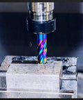 Beefy Solid Carbide End Mill With Nano Coating 55 Degree Helix Cutter For CNC Milling Half Inch Shank in use on metal block