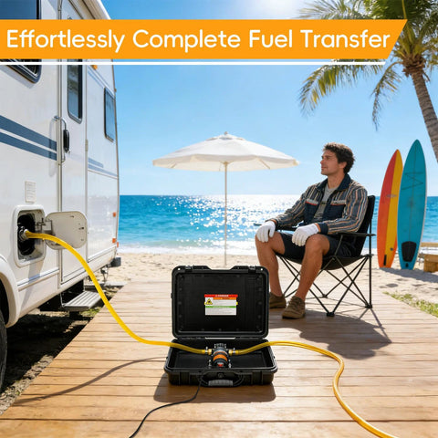 12V Fuel Transfer Pump Delivers Up To 120 Gallons Per Hour For Gas Or Diesel, Includes Cigarette Lighter Plug shown fueling RV