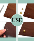Top Shelf Solid Brass Bottom Guards For Handbags And Totes Round Screwback Feet 8 Pack Wide Profile Purse Spikes installation on leather.