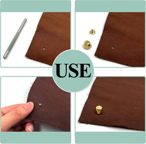 Top Shelf Solid Brass Bottom Guards For Handbags And Totes Round Screwback Feet 8 Pack Wide Profile Purse Spikes installation on leather.