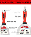4 and 6 inch stainless steel joint knives with rubber handles, hang holes, screw storage, and polished finish