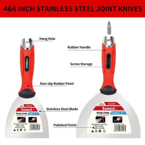 4 and 6 inch stainless steel joint knives with rubber handles, hang holes, screw storage, and polished finish