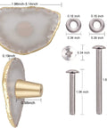 Upgrade Your Cabinets And Dressers With These Slick Natural Agate Slice Geode Drawer Knobs Featuring Plated Gold Edges And Heavy Duty Brass Screws with measurements.