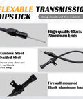 Firewall Mounted Flex Transmission Dipstick For TH350 TH400 Fits GM Chevy Black Durable Steel Construction shown with black aluminum ends and handle.