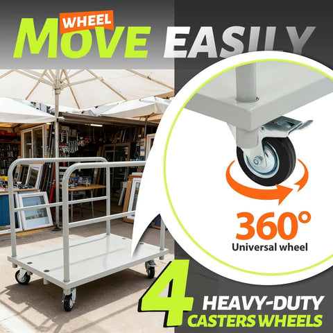 Heavy Duty Flatbed Dolly Cart With 2000 Lb Capacity Steel Platform Truck For Drywall Lumber And Tables, 4 Swivel Casters, Adjustable 2 Detachable Side Rails, Ideal Moving Cart For Job Sites And Warehouses, 360° wheel detail