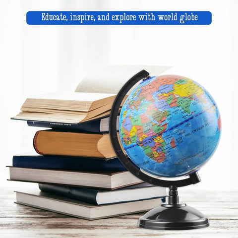 Hands On 6 Inch World Globe For Kids With Stand Interactive 360 Degree Earth Globe on a desk beside stacked books.