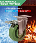 Set of four 4x1.5 inch stainless steel oven rack casters with green hi-temp wheels and locking plates