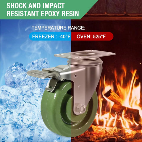 Set of four 4x1.5 inch stainless steel oven rack casters with green hi-temp wheels and locking plates
