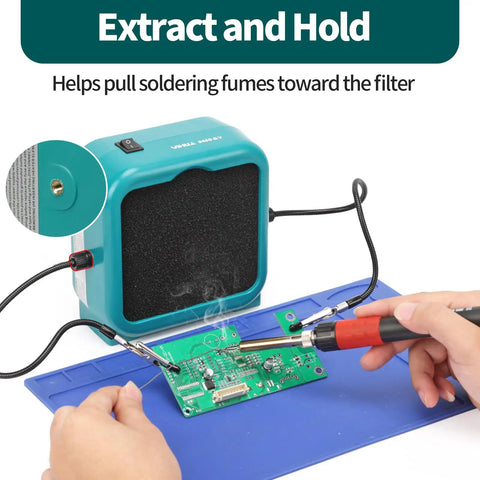 Sweet Compact Soldering Fume Extractor With Flexible Helping Hands And Heavy Duty Activated Carbon Filters that clears smoke while soldering.