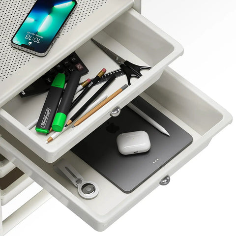 Open drawers of Six Tier Utility Cart With Six Drawers Rolling Cart With Two Lockable Caster Wheels Multipurpose Mobile Drawer Cart For Office Kitchen And Bathroom Ivory White showcasing organized office supplies.