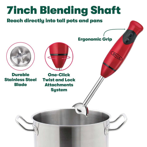 No Fuss Hand Immersion Blender With Attachable Whisk Piece 2 Speed 250 Watt Motor Dishwasher Safe Kitchen Game Changer For Quick Meals And Smooth Blends In Bold Red blending shaft over a stainless steel pot.