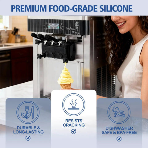 Woman serving ice cream from a machine with Soft Serve Ice Cream Machine Parts Kit 15-Piece Replacement Set installed