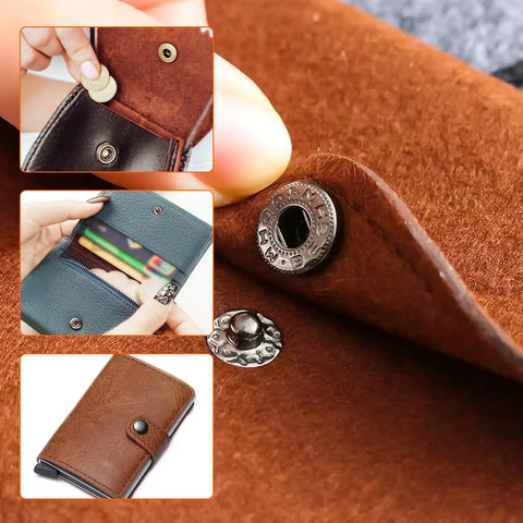15Mm Brass Snap Fasteners Kit With Caps And Sockets, Rivets And Snaps For Jackets And Belts, DIY Crafts, Includes 4 Installation Tools, Rustproof, Beginner Friendly No Sew Kit, 15 Sets shown on wallets