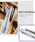Beefy Heavy Duty Drawer Slides With Silent Buffer Function And Cold Rolled Steel Under Mount Rails Easy To Install Drawer Support Bottom Slides For Kitchen Cabinets And Home Furniture displayed on a wooden desk.