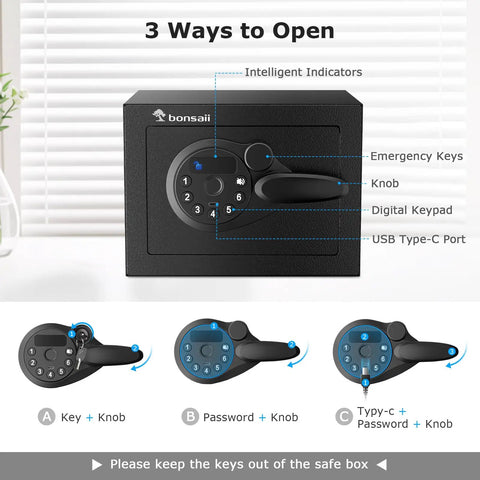 Rock Solid Heavy Duty Electronic Keypad Security Safe Box Compact Lockbox for Valuables showing 3 opening methods and digital keypad.