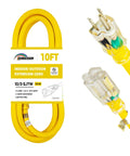 Weatherproof Indoor Outdoor Extension Cord With Lighted End UL Certified 10 Gauge 10Ft Yellow 3 Prong Heavy Duty SJTW 15A