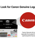 Box of CLI 42 Eight Color Ink Pack For PIXMA PRO 100 Printers With ChromaLife100 Plus Inks, front view with Canon logo.