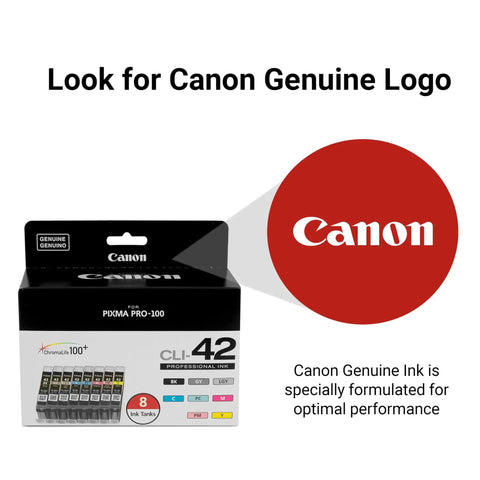 Box of CLI 42 Eight Color Ink Pack For PIXMA PRO 100 Printers With ChromaLife100 Plus Inks, front view with Canon logo.