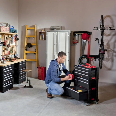 Man using Unfitted Black Tool Chest With 22.1 By 11 By 10.3 Inches Dimensions For Basement, Garage, Workshop And Hobby Room
