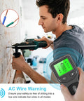 Man using Stud Finder Wall Scanner 5 In Digital Handheld Professional Multifunction Wall Detector outdoors, detecting live wires.