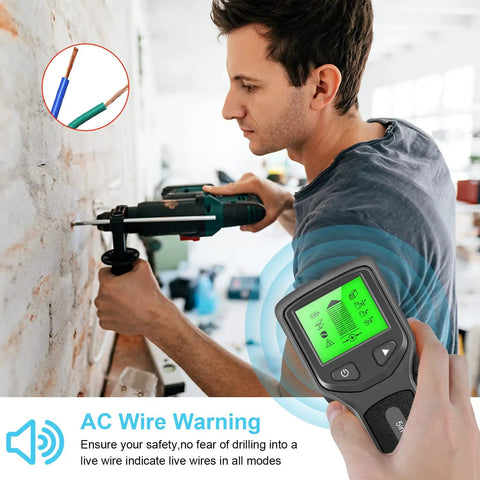 Man using Stud Finder Wall Scanner 5 In Digital Handheld Professional Multifunction Wall Detector outdoors, detecting live wires.