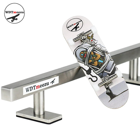 Dope Wood Fingerboard And Metal Flat Rail Set With Bearing Wheels, DIY Assembly, featuring a graphic skateboard and sturdy rail.